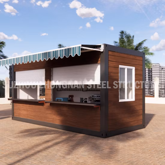 Tienda de comida rápida de contenedor de estructura de acero prefabricada modular de 40 pies.